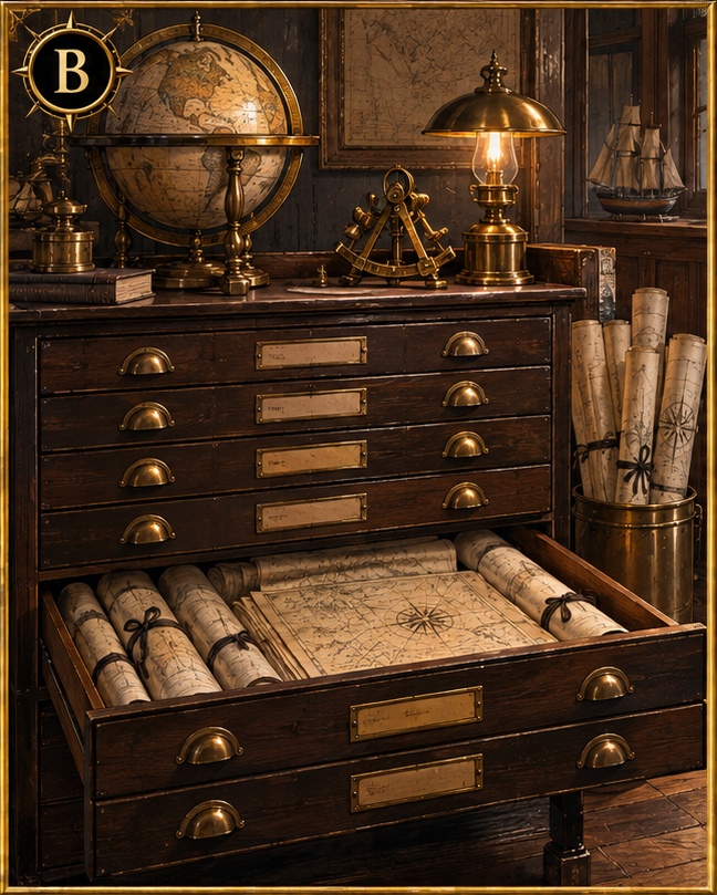 Organized local nautical chart cabinet